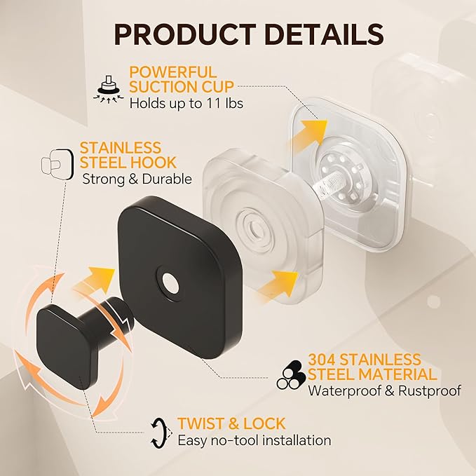 2Pack Suction Cup Hooks for Shower, Bathroom, Kitchen, Glass Door, Mirror, Tile, Matte Black