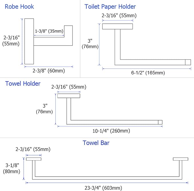 Suyar Polished Chrome Bathroom Hardware Set 4 Pieces, 304 Stainless Steel Bathroom Accessories, Include Robe Hook, Toilet Paper Holder, Hand Towel Holder, Bath Towel Bar
