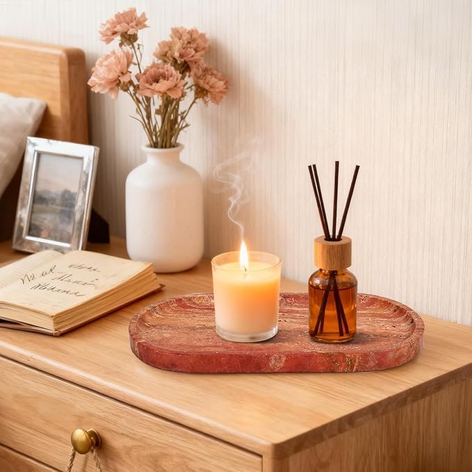 YKAJO Natural Red Limestone Tray 11.6"x5.9" - Stone Catchall Tray, Decorative Vanity & Bathroom Organizer for Jewelry, Perfume, Entryway, Kitchen Counter Decor