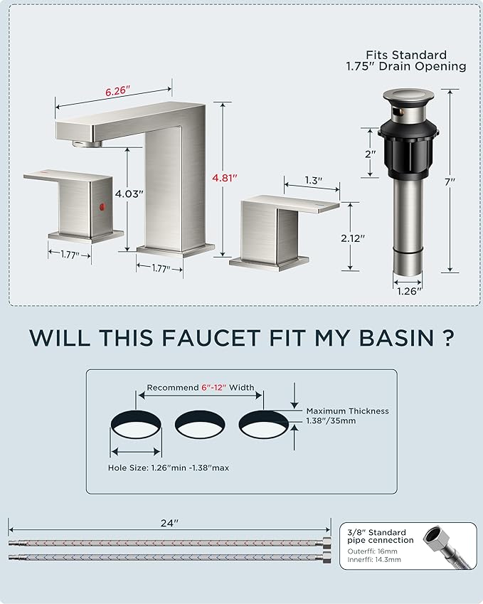 FORIOUS Brushed Nickel Bathroom Faucets 3 Hole, Stainless Steel 2 Handle Square 8 in Widespread Bathroom Sink Faucet Brushed Nickel 3 Hole with Metal Pop Up Drain, CUPC Water Hoses