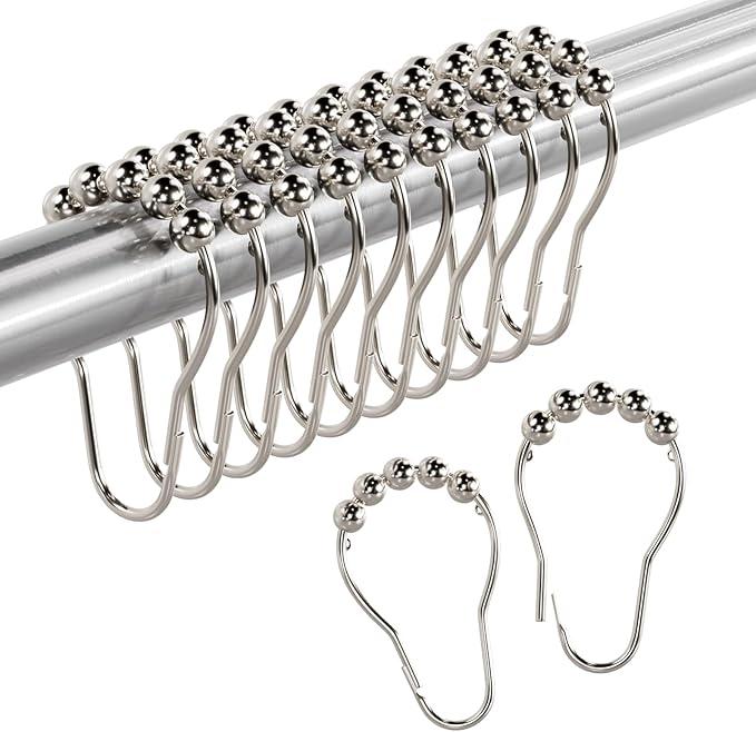 Amazer Shower Curtain Rings, Set of 12, Rust-Resistant Metal Shower Hooks Ring Shower Rings for Curtain Rolling Shower Curtain Hooks for Bathroom Shower Rod Shower Curtain Hangers, Nickel