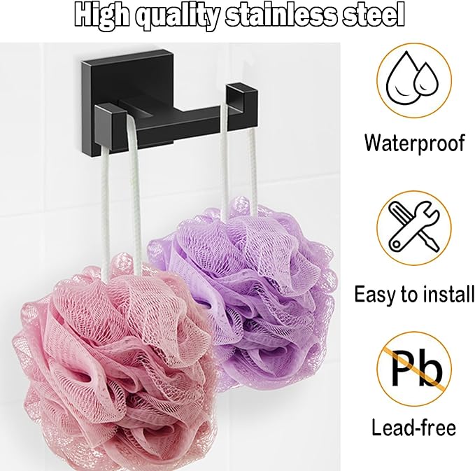 BOZWELL Double Towel Hooks for Bathroom Matte Black Wall Mount，2 Pack Modern Square Style Coat Robe Hook，Stainless Steel Heavy Duty Door Hanger for Bathroom Bedroom Kitchen Hotel Pool 1502-B-2