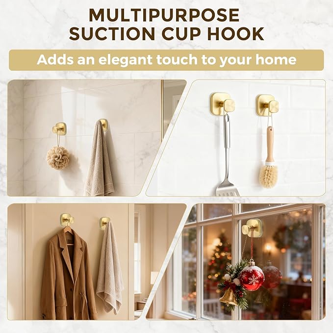 Suction Cup Hooks for Shower, No-Drill Towel Hooks for Bathrooms, Kitchen, Glass Door, Mirror, Tile, Shower Suction Hooks for Hanging Towels, Robe, Loofah, Christmas Wreath (Gold, 4 Pack)