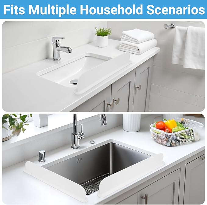 19.29 inch Silicone Sink Splash Guard, Splash Guard for Kitchen Sink Area, Backsplash Protector for Kitchen Countertop & Bathroom Bathtub with Non-Slip Strong Suction, White, Pack of 2