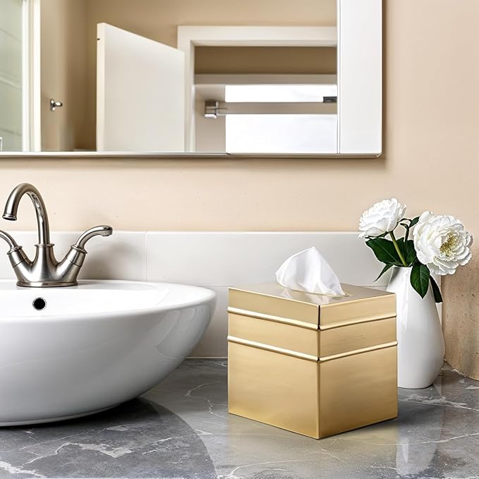 Monarch Abode Tissue Box Cover Square – Handcrafted Border Embossed Brushed Gold Metal Tissue Holder Box for Bathroom Accessory, Aesthetic Decorative Facial Napkin Cube for Modern Home Decor