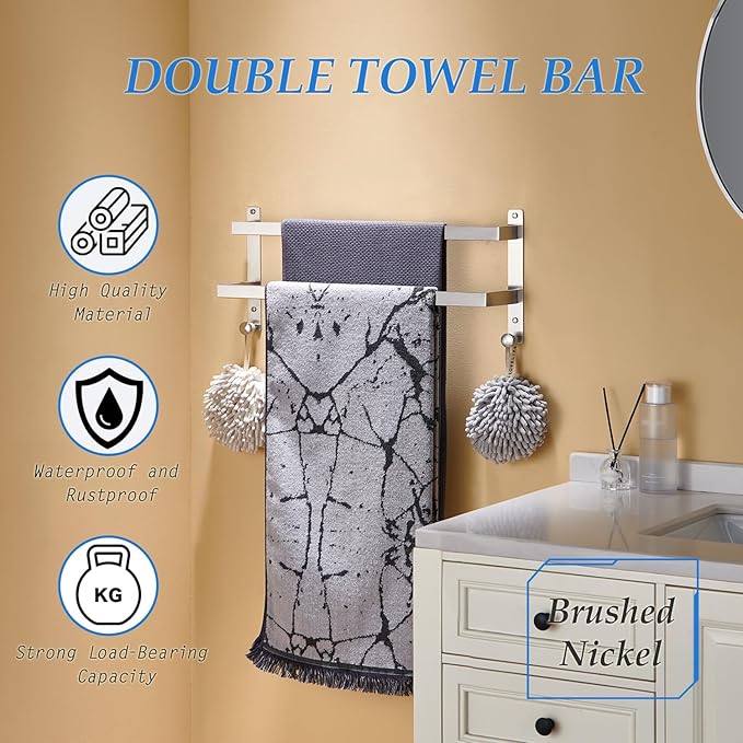 Bath Double Towel Bars with Hooks, 24 Inch Brushed Stainless Steel Towel Rail, Wall Mount Towel Rack for Bathroom Lavatory