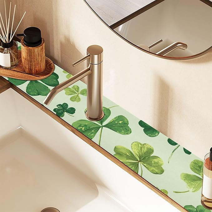 Green Natural St Patrick Clovers Kitchen Sink Splash Guard Faucet Mat Diatomite Absorbent Pad for Bathroom RV 14.7x5.4in 1PCS water