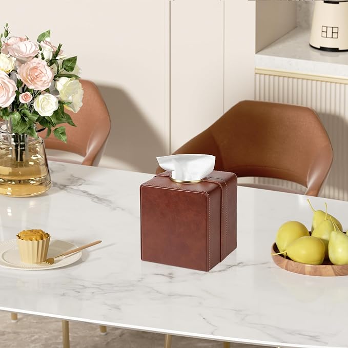Luxury Square Tissue Box Cover, PU Leather Tissue Box Holder with Magnetic Closure and Gold Decorative Grommets for Bathroom Bedroom, Decorative Elegant Cube Tissue Holder (Brown)