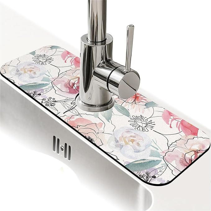 Kitchen Sink Splash Guard，Pink watercolor peonies Faucet Mat Sink Gadgets-Super Absorbent Fast Drying Mat Drip Catcher for Kitchen, Bathroom,Sink Mat, Dish Drying Mat, Bathroom(15" X 5.5" )