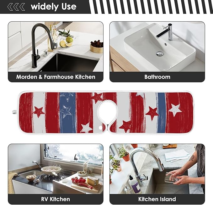 2 PCS Kitchen Sink Splash Guard 23.6 Inch Faucet Mat for Kitchen Sink Bathroom Sink Faucet Absorbing Drip Drain Mat Pad Microfiber Soft Washable White and Red Patriotic Striped Stars
