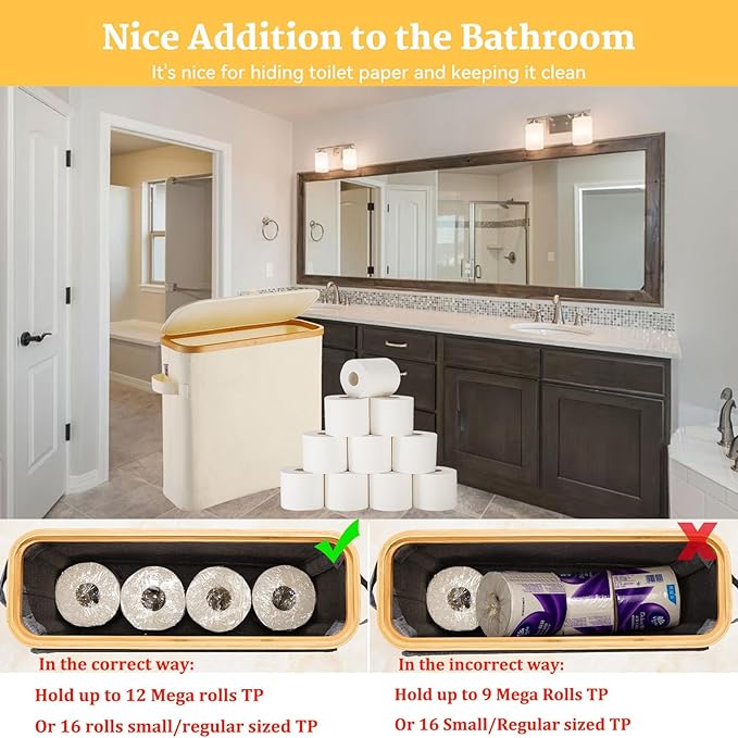 Toilet Paper Basket With Lid for Mega Rolls, Large Bamboo Organizer Holder Stand for Bathroom, Enclosed Tissue Storage Bin Box Container, Free Standing, Beige