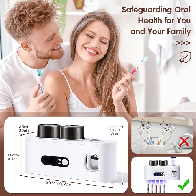 Upgrade Toothbrush Sterilizer,Toothbrush Holder for Bathroom,Tooth Brush Cleaning Tool with Toothpaste Dispenser Wall Mounted Type-C Charging with 2 Cups (White)