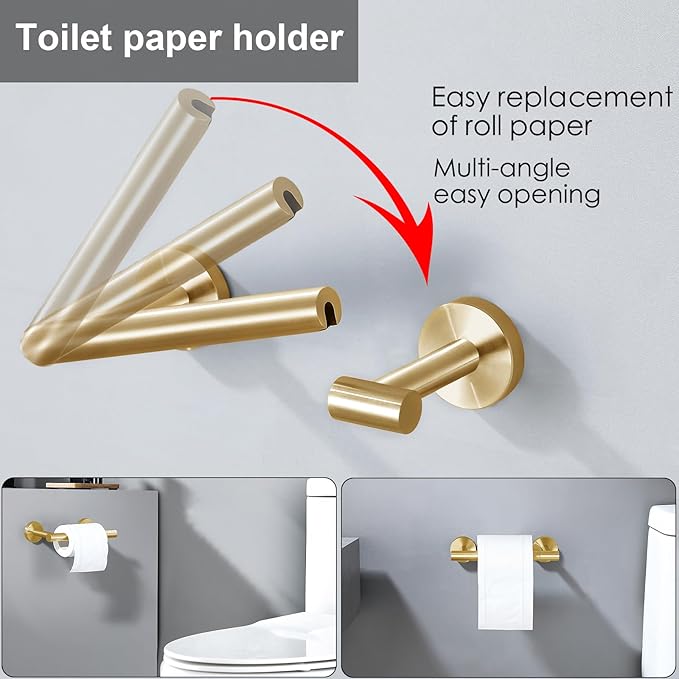Brushed Gold Flip Toilet Paper Holder, Towel Ring Set 2 Pieces Hand Towel Holder for Bathroom Hardware Accessories Set SUS304 Stainless Steel Sturdy Wall Mount Bathroom Holder