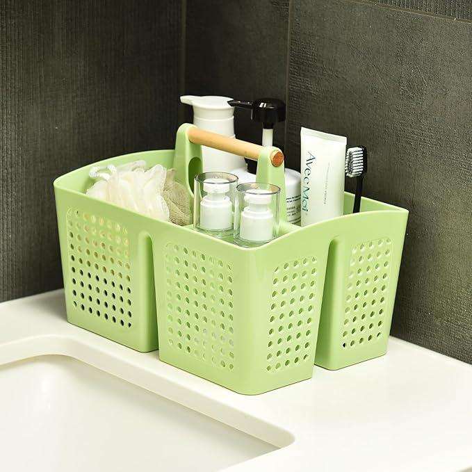 Portable Shower Caddy Basket with Compartments, Plastic Divided Cleaning Caddy Organizer Storage Tote with Handle for Bathroom, College, Dorm Room Essentials, Grass Green