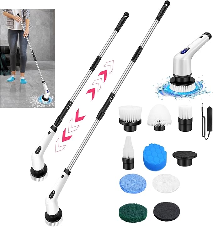 Electric Spin Scrubber Rechargeable Cleaning Brush with 10 Replaceable Brush Heads, 360° Rotating Brush Head, Cordless Bathroom Scrubber for Cleaning Tile, Sink, Window, Floor, EMD