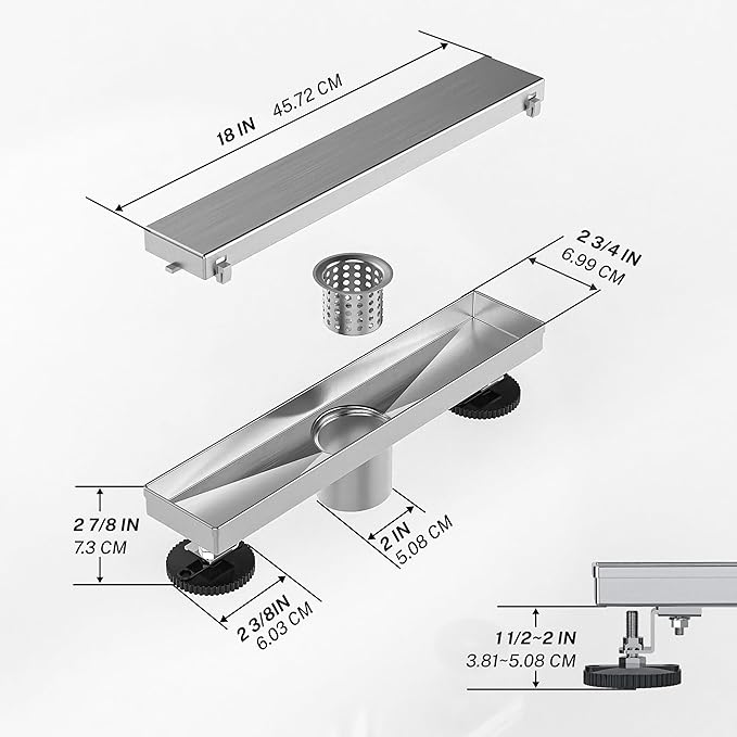 Linear Shower Drain. 18 Inch Shower Trench Drain with 2-in-1 Flat Cover & Inser Cover,304 Stainless Rectangle Steel Shower Floor Drain with Hair Strainer and Leveling Feet (Brushed Nickel, 18 in)