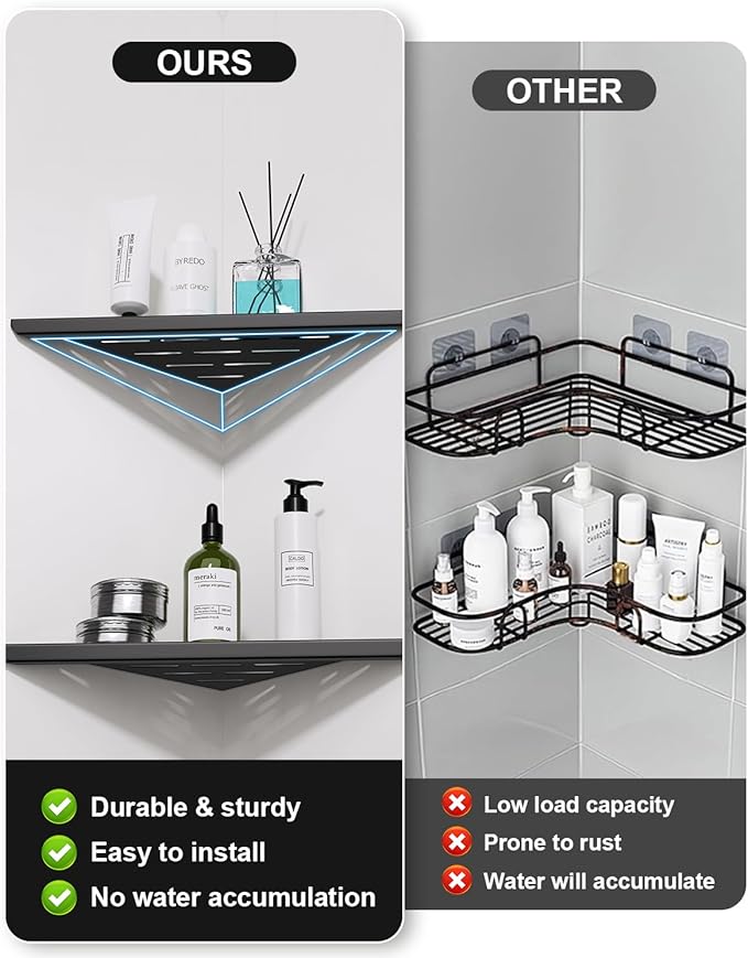 YACVCL Corner Shower Shelf,10" Black 304 Stainless Steel Hole-Free Inset Corner Storage Shelf for Tiled 90° Walls,Bathroom Accessories,Set of 2