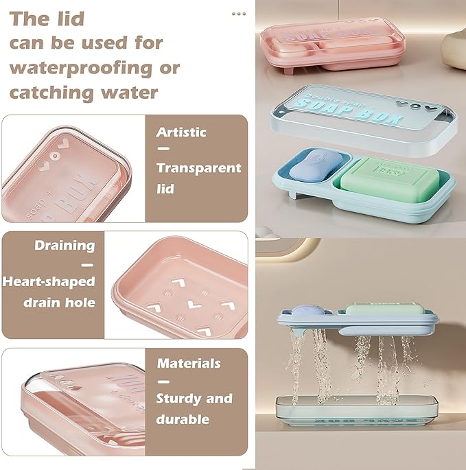 Large Dual Compartment Soap Dish with Lid & Drain Holes | Large Capacity Shower Organizer, Non-Slip Bathroom Soap Holder for 2 Bars - Durable PP Plastic, Prevents Melting (Pink)