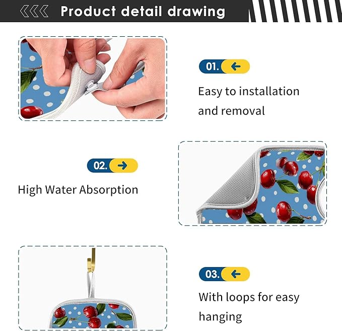 2 PCS Kitchen Sink Splash Guard 30 Inch Faucet Mat for Kitchen Sink Bathroom Sink Faucet Absorbing Drip Drain Mat Pad Microfiber Soft Washable Green Blue Cherry and Polka Dots