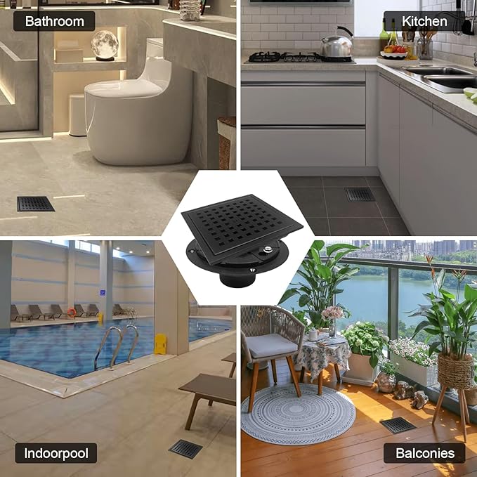 4 Inch Square Shower Drain with Flange, Removeable Grate SUS 304 Stainless Steel Shower Drain with Hair Catcher (Matte Black, 4 Inch)