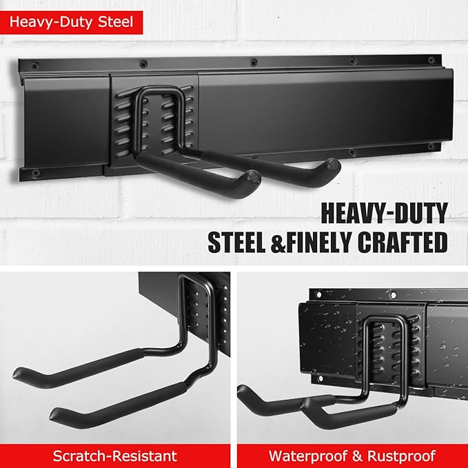 64 Inch Garage Tool Organizers Storage Rack System with 12 Adjustable Hooks Carbon Steel Wall Mount Tool Organizer for Garage Shed Yard Broom Shovel, Rakes, Ladders and Power Tool Holder