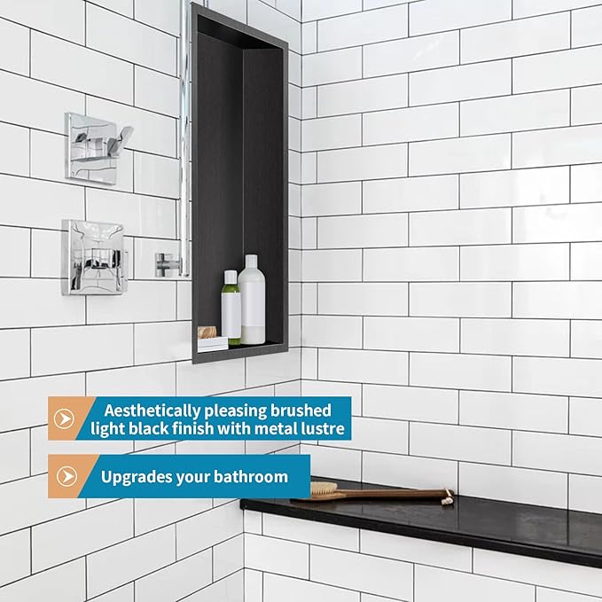 24"×12" Shower Niche Brushed Stainless Steel, Recessed Shower Caddy, Bathroom Shelf Insert Fits for 22.8"x11" Wall Hole Installation (Light Black)