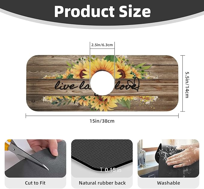 Sunflower On Board Rustic Yellow Summer Fall Live Laugh Love Kitchen Sink Splash Guard Faucet Mat 1 Pcs, Absorbent Fast Drying Mat Gadgets Splash Guard For Bathroom 15 X 5.5 Inches