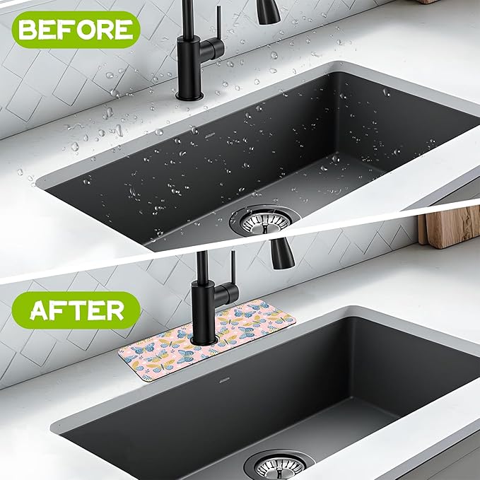 Kitchen Sink Splash Guard Faucet Mat Super Absorbent Fast Drying Mat Guard Behind Faucet Drip Catcher for Kitchen Bathroom (Butterflies and Chamomile, 23.5"X5.5")