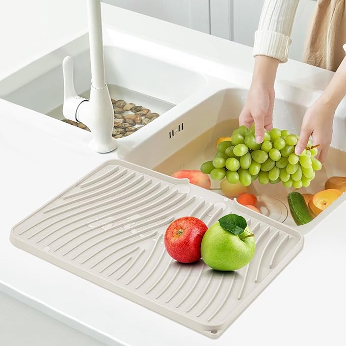 Silicone Dish Drying Mat, Stone Drying Mat for Kitchen Counter with Built-In Drain, Non-Slip Drain Pad with Built-in Drain, Heat Resistant Stone Drying Mat, 1Pcs 20" x 15", Cream