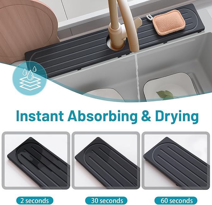 Stone Faucet Mat for Kitchen Sink with Raised Feet, Sink Mat for Kitchen Faucet, Water Absorbent Diatomite Stones Sinks Tray, Sink Splash Guard & Protectors, Stone Drying Tray for Bathroom Counter