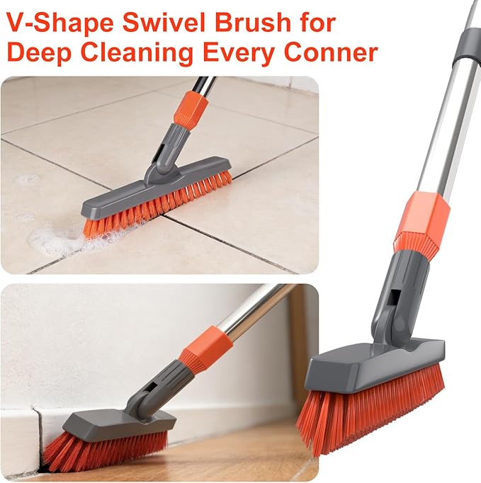 BITOPE Tub Scrubber with 3 Types of Brush Heads, Long Handle Shower Cleaning Brush, Stiff Bristles Brush & Sponge for Cleaning Bathtub, Wall, Tile, Bathroom, Grout line, Floor Gap