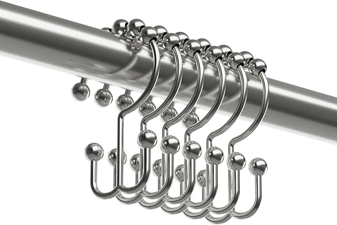 Maytex Shower Curtain Hooks, Shower Curtain Rings, Rust-Resistant Decorative Double Roller Glide Shower Hooks, Shower Rings for Bathroom Shower Rods, Curtains, Liners, Set of 12, Brushed Nickel