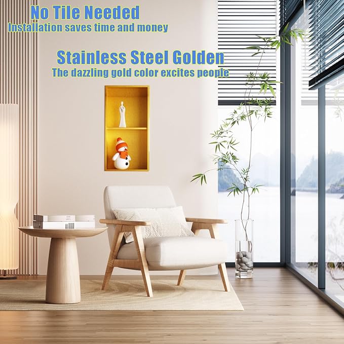 Non Tile Tube Niche Boxes for Showers,Bathroom Niche Double Shelves,Stainless Steel(Gold, 24 * 12 in)
