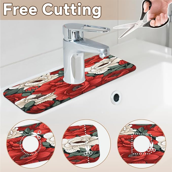 Red And White Roses Kitchen Faucet Mat Splash Guard, 15.4”x5.7” Absorbent Quick Drying Sink Mat for Countertop Protection, Draining Mat Sink Protectors For Kitchen Bathroom, 2 Pack