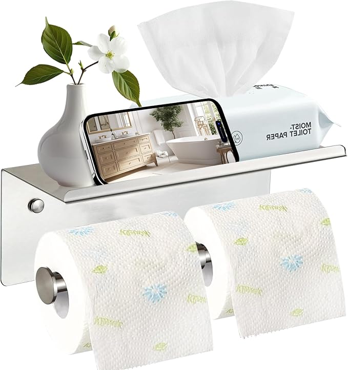 Toilet Paper Holder Wall Mount with Shelf Bjiotun Stainless Steel Toilet Paper Storage Tissue Roll Holder for Bathroom Storage Holds
