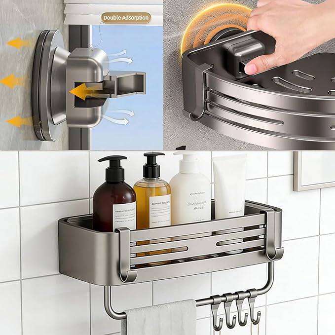 2Pcs Corner Shower Shelf Caddy Suction Cup, No Drill Hole with Towel Bar and Hook, Gray Bathroom Storage Rack, Zero Drill Square Shelves, Store Toiletries and Bath Towel for Bathroom Kitchen RV