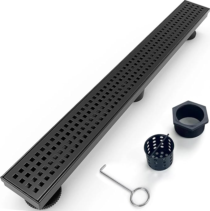 28 Inch Removable Cover Linear Shower Drain 304 Stainless Steel Rectangular Floor Drain for Kitchen Bathroom Square Hole Drain with Accessories Hair Strainer Adjustable Leveling Feet (Matte Black)