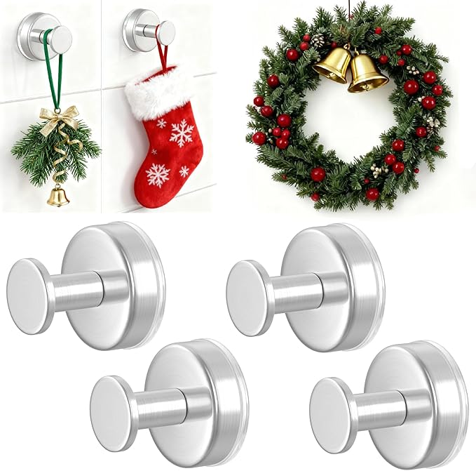 HUFEEOH 4-Pack Silver Shower Suction Hooks - Heavy Duty Vacuum Hooks for Bathroom, Kitchen, Glass & Tile - No Drill Removable Hanging Solution for Towels, Robes and Shower Accessories