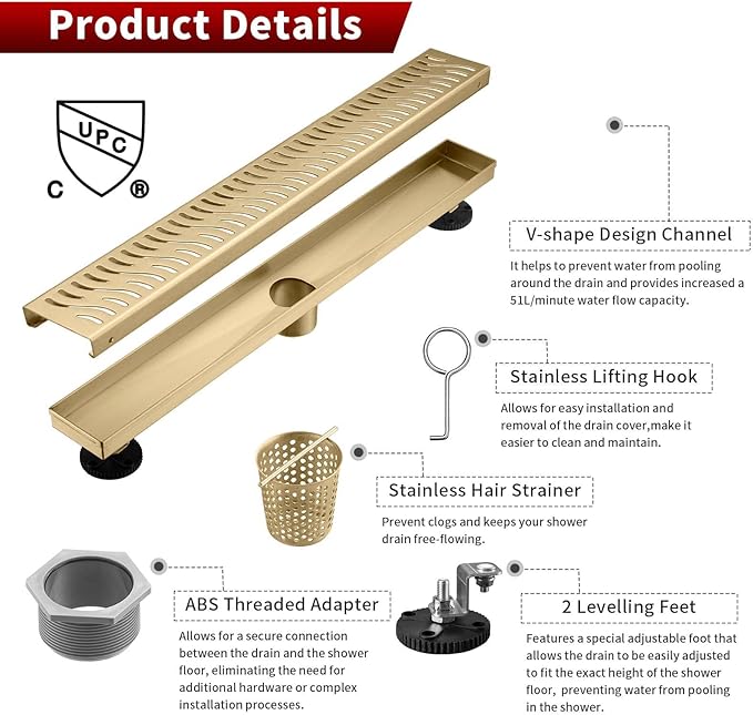 Sharp-tec Linear Shower Drain, 28inch Shower Drain with Removable Pattern Cover, Brushed Gold 304 Stainless Steel Rectangle Floor Drain, Adjustable Feet and Hair Strainer Included