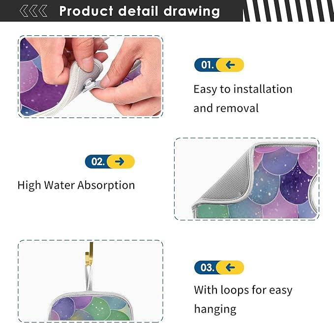 2 PCS Kitchen Sink Splash Guard 23.6 Inch Faucet Mat for Kitchen Sink Bathroom Sink Faucet Absorbing Drip Drain Mat Pad Microfiber Soft Washable Watercolor Mermaid Scales Starfish