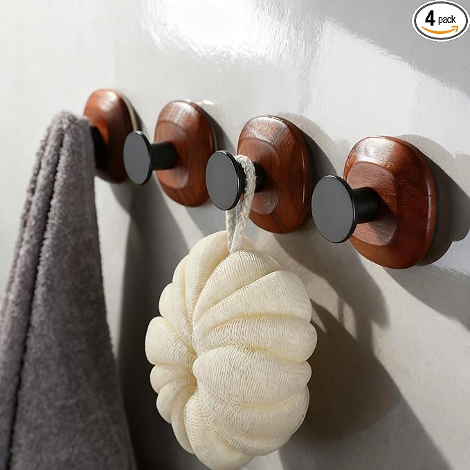 YIGII Wooden Suction Cup Hooks - Bathroom Towel Hooks Without Drilling, Reusable Suction Hooks for Hanging Coats, Bathrobes, and Bath Sponges, 4 Pack