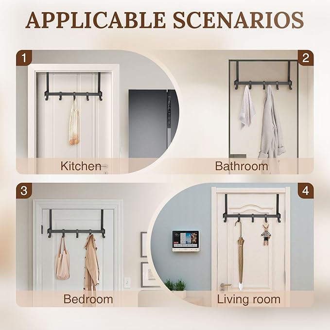 18" Over The Door Hook Rack with 5 Movable Hooks, Soft Iron Finish, for Bedroom, Bathroom, Walk-in Closet, Laundry Room and More - Black