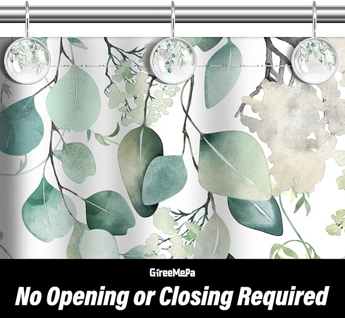 12 Pcs Sage Green Eucalyptus Shower Curtain Hooks – Rustproof Stainless Steel Rings with Decorative Glass Surface – Modern Bathroom Curtain Accessories