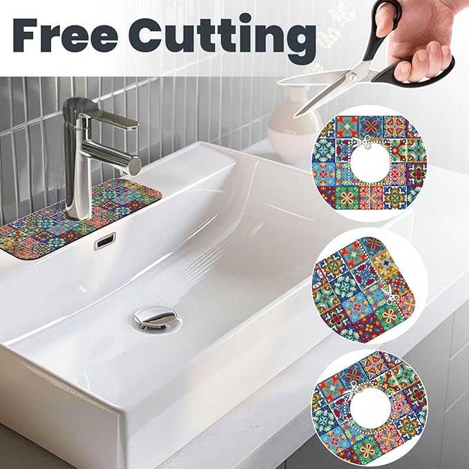 Talavera Mexican Ceramic Tile Floral Kitchen Sink Splash Guard Faucet Mat Super Absorbent Fast Drying Mat Sink Gadgets-Fast Drying Pad Sink Mat For Kitchen Bathroom (15" X 5.5" )