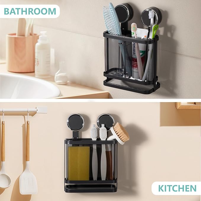 Toothbrush Holders Wall Mounted for Bathrooms, Suction Cup Electric Tooth Brush and Toothpaste Organizer Razor Holder for Shower, Countertop, Vanity, Gray