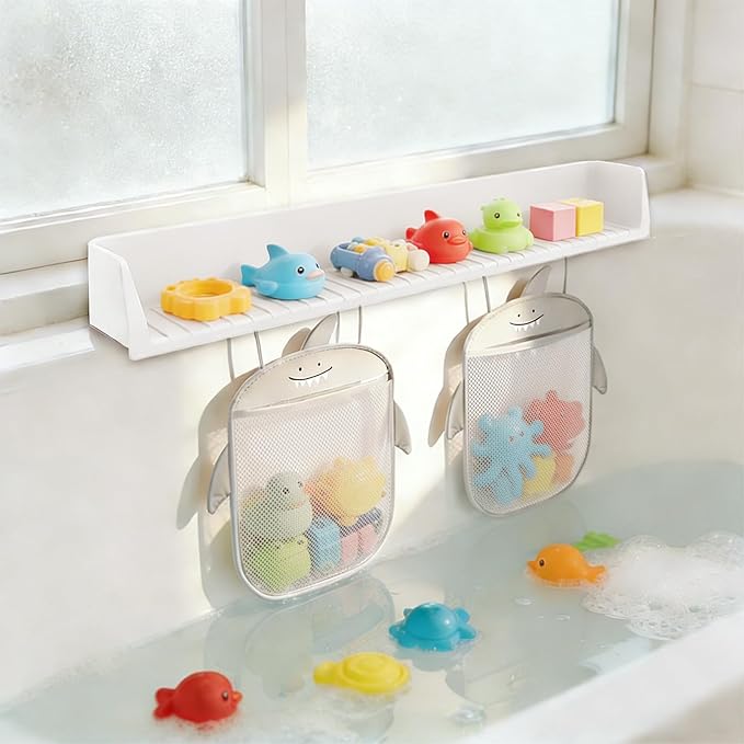 Extra-Long 31.5 Inch Bathtub Splash Guard for Kids,2 Storage Pockets Large Capacity Bath Toy Caddy Holder,Silicone Water Shield Prevent Bathroom Spills