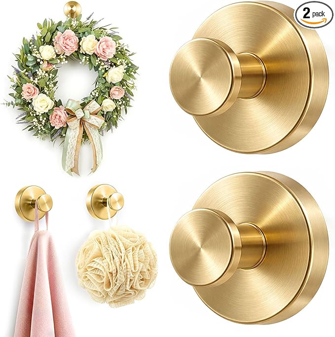Upgraded Suction Cup Hooks for Shower, Heavy Duty Removable Towel Hooks for Bathroom Glass Door Wall, Stainless Steel Shower Hooks for Towel & Loofah (2 Pack, Gold)