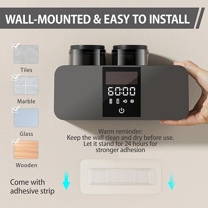 Toothbrush Cleaner & Wall Mounted Toothbrush Holders,Cleaning and Air Drying LED Smart Screen and Timer Function Rechargeable Cordless Tooth Brushing Holder for Bathrooms(Black)