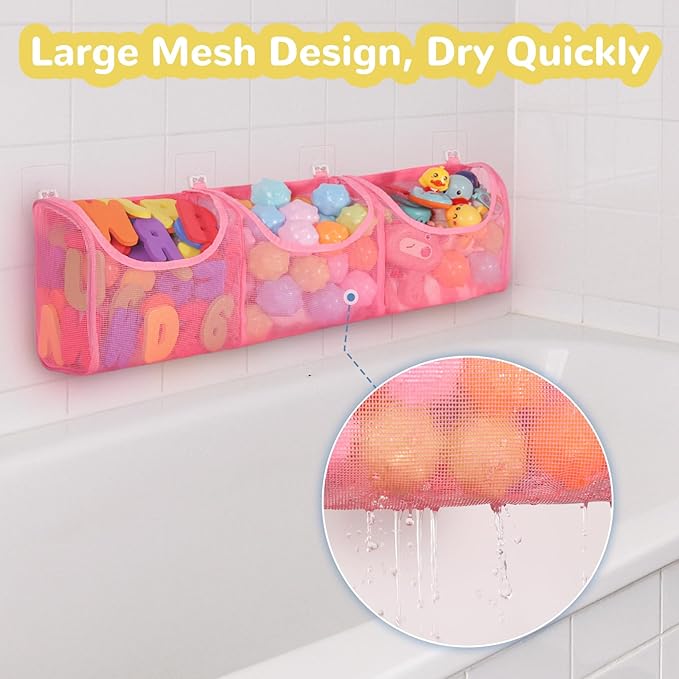 Bath Toy Storage, Large Capacity Bath Toy Holder, Opening 3 Compartments Bathtub Toy Storage, Quick Dry Bath Toy Organizer, Mesh Shower Caddy for Easy Access & Sorting Toys - Pink