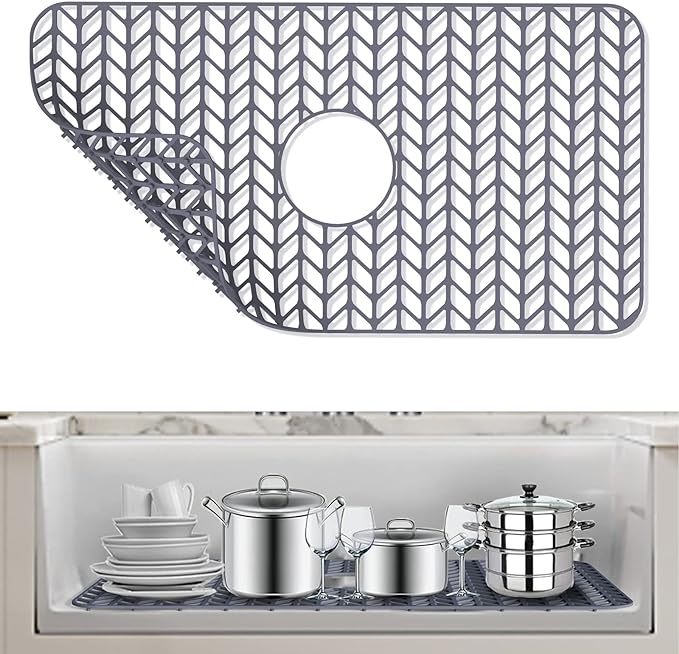 AWOKE Sink Protectors for Kitchen Sink - 26"x 14" Sink Mat - Heat-resistant Easy-clean Silicone Sink Mat - for Protection of Stainless Steel Sink - with Center Drain (Grey),Kitchen Sink Accessories